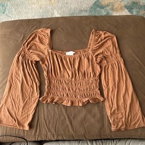 Tan, ruched, bell-sleeved crop top, size small